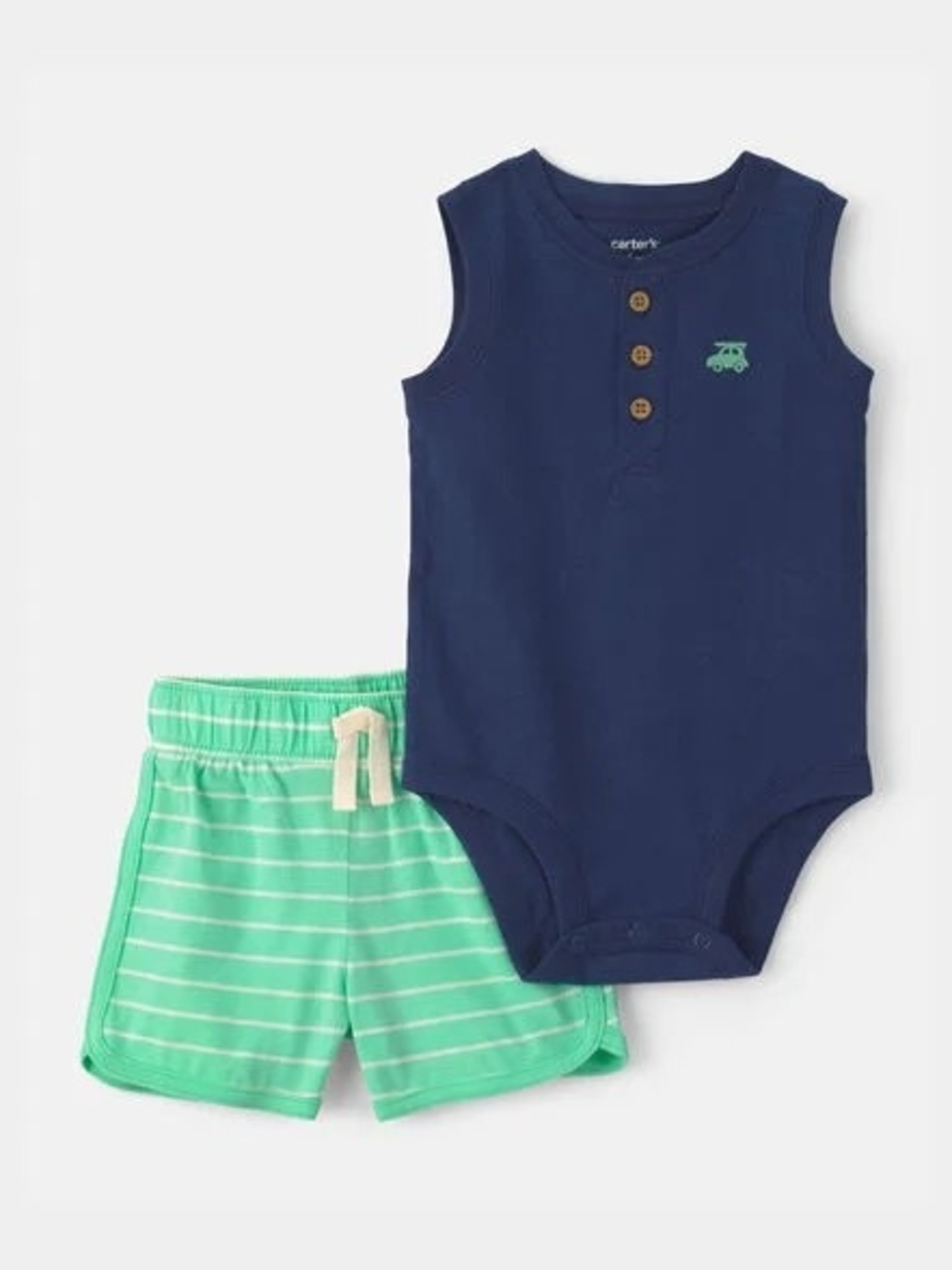 Carter's Navy Sleeveless Bodysuit with Mint Green Striped Shorts Set